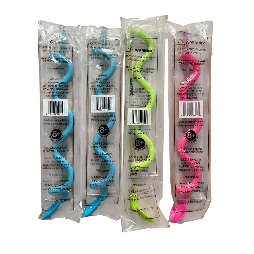 7 ELEVEN 7-11 SET OF 4 SLURPEE STRAWS NEW STRAWS WITH‎ SPOONS And SQUISHY